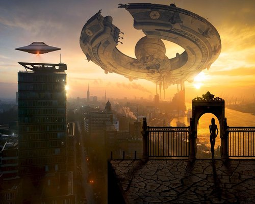 Futuristic modular skyline interface seen in the fictional Skyline Task Grid game